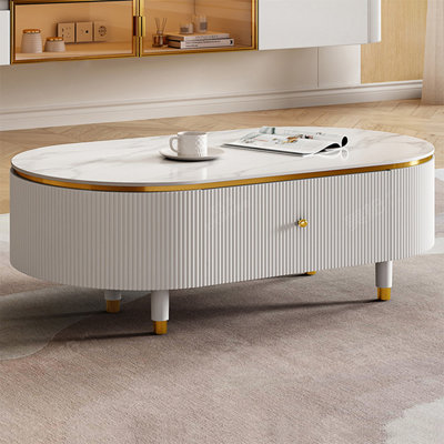 White Manufactured Wood + Sintered Stone Oval Coffee Table