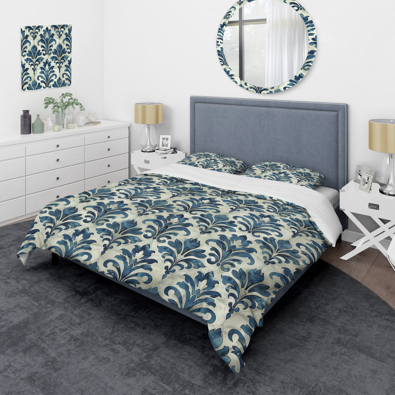 Navy Glamour Luxe Damask - Transitional Duvet Cover Set, Queen Duvet Cover + 2 Standard Shams