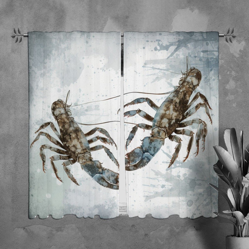 Lobster Window Curtains Animals Blue Drapes, H 82 po x l 20 po