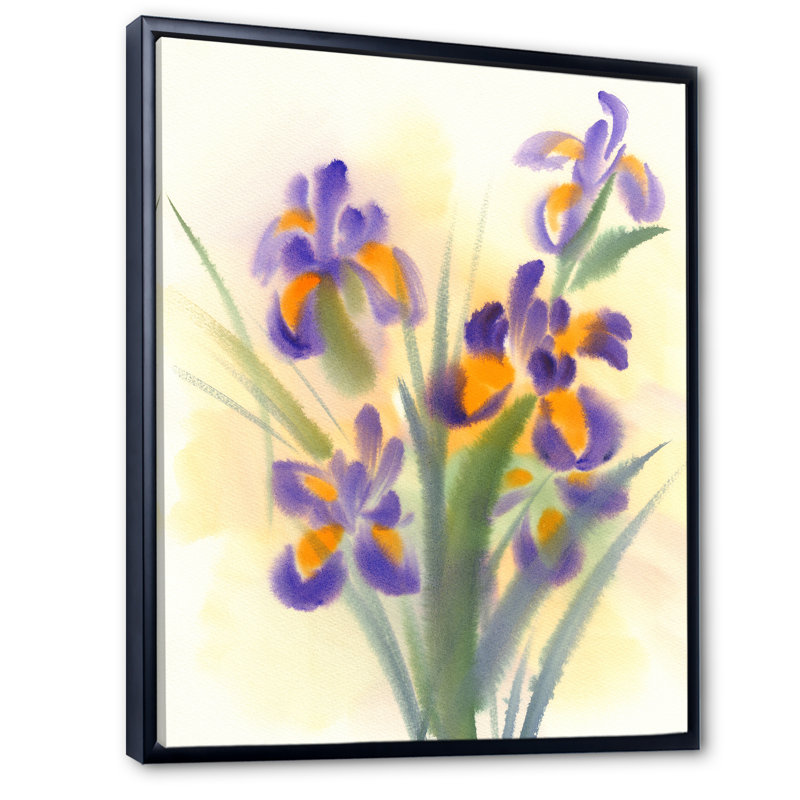 Bouquet d'iris jaunes et mauves - peinture sur toile, H 20 po x l 12 po, Cadre flottant noir