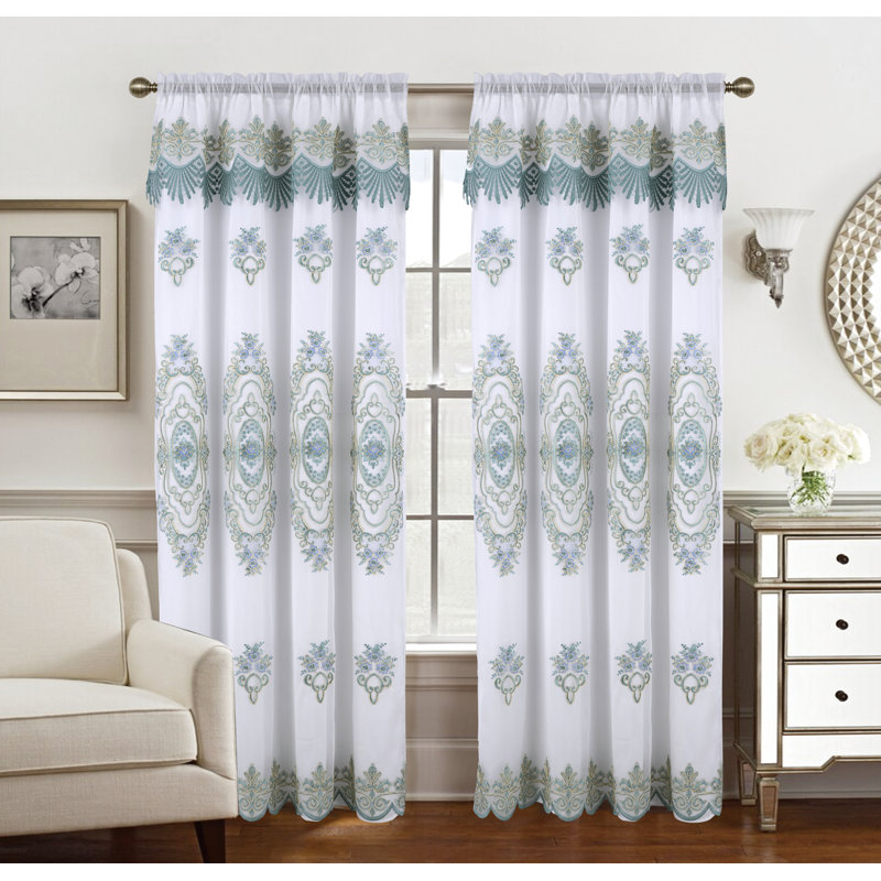 Panneau de rideau semi-transparent brodé Paramaz, Blanc / bleu sarcelle