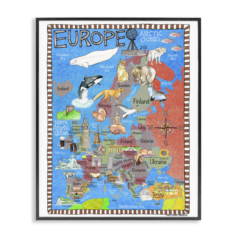 «Europe Animal Map», estampe numérique par Marley Ungaro, Giclée encadrée noir minuit, H 14 po x l 11 po