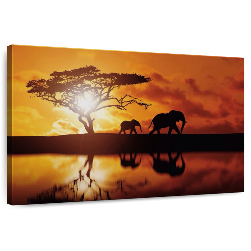 Silhouettes d'éléphants Brampt au coucher du soleil, H 8 po x l 12 po