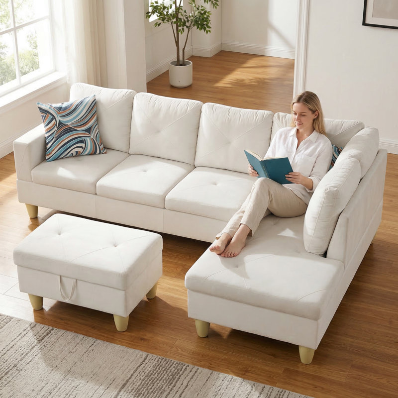 Ensemble de canapé en tissu blanc 3 pièces | Conception de couture en X | Structure en bois massif | Repose-pieds avec rangement