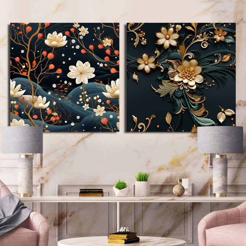 Rowen - Ensemble de 2 collages carrés botaniques abstraits, H 30 po x l 61 po, Toile tendue