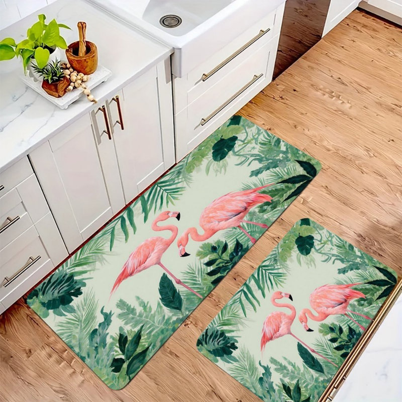 Ensemble de 2 tapis de cuisine à imprimé flamants tropicaux pour cuisine et maison de plage, rose et vert