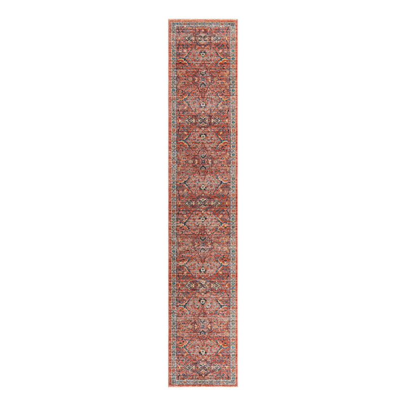 Tapis rouge brique à motif floral Alkire, Tapis de couloir 2 pi 11 po x 16 pi 5 po