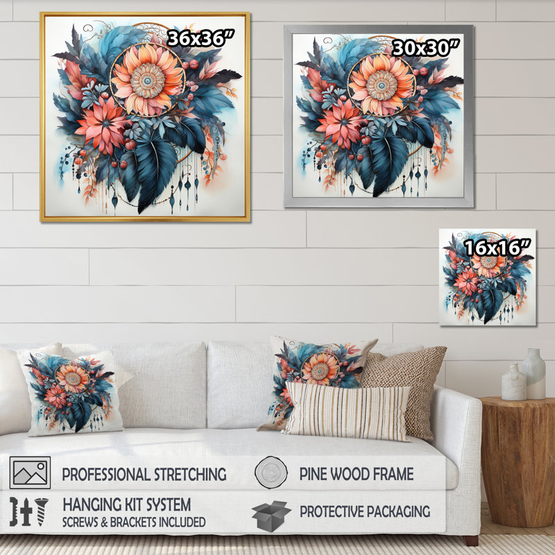 Boho Glam Blue Feathers, fleurs roses, aquarelle sur toile, H 16 po x l 16 po x P 1 po, Cadre flottant noir