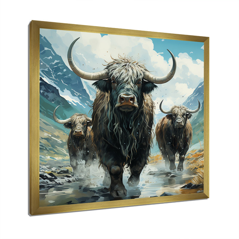 «Brown Yaks Highland Mountain Charm II», art mural Yaks, Cadre doré simple, H 36 po x l 36 po x P 1,5 po