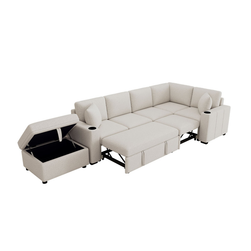 Canapé-lit modulaire convertible en L 84,7 po avec canapé-lit et canapé en U avec rangement et repose-pieds mobile, beige