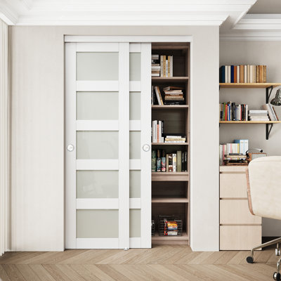 80"  White 5 Lite Tempered Glass Closet Sliding Door With Hardware Kit & Black Handles