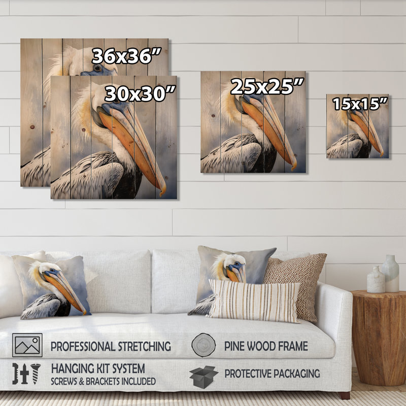 «Richawara Majestic Pelican Seabird III», reproduction sur bois, H 15 po x l 15 po x P 0,78 po