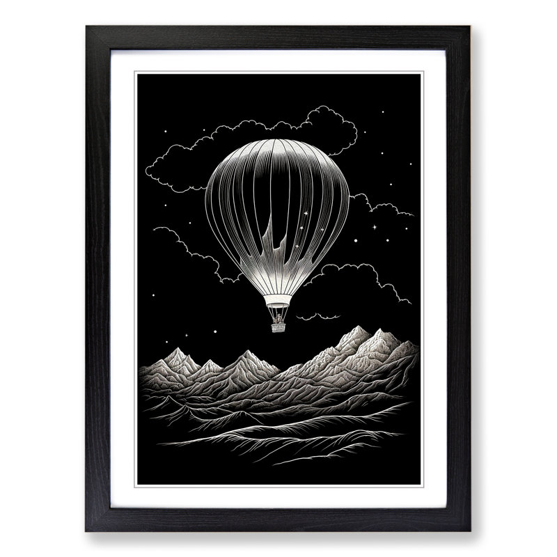 Hot Air Balloon Line - Single Picture Frame Print on Wood, 64cm H x 46cm W x 2cm D, Black Framed