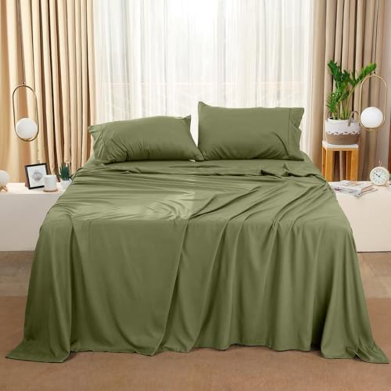 Queen Sheet Set – 4 Piece Bed Sheets For Queen Size Bed, Soft And Breathable Microfiber, Includes 1 Fitted Sheet, 1 Flat Sheet And 2 Pillowcases (Olive)