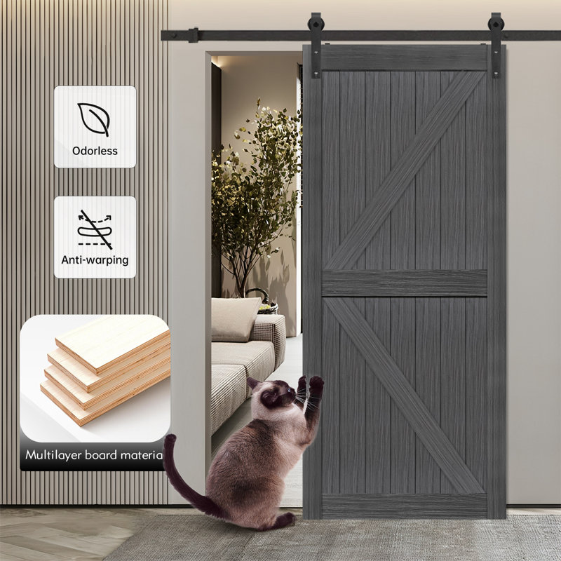 Porte de grange en panneau de fibres à densité moyenne facile à assembler - Dalle solide recouverte d'une surface en PVC imperméable avec trousse de quincaillerie