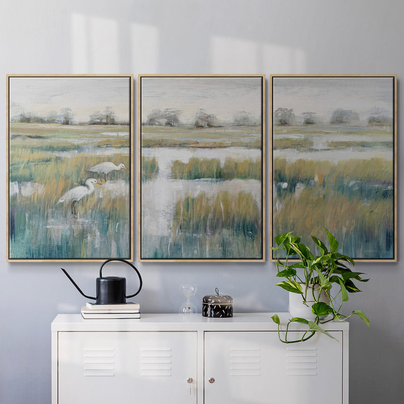 Marshland View V, ensemble de 3 toiles encadrées, Encadré naturel, H 36 po x l 75 po x P 2 po