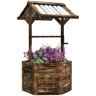 Wooden Wishing Well Planter, Raised Garden Bed With Galvanized Canopy, Hexagon Raised Flower Bed For Garden, Tan