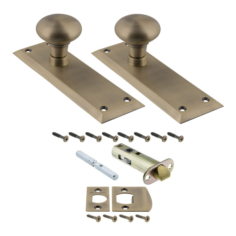 New York Plate with New York Door Knob, Antique Brass, 2-3/4”