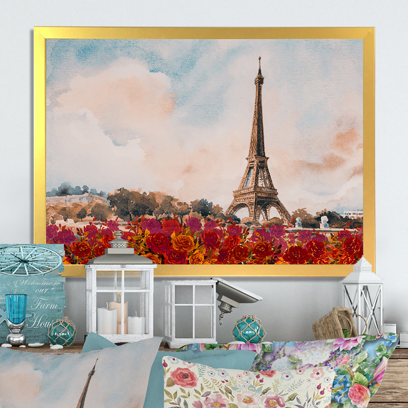 «Paris Eiffel Tower In Beau Fitul Summer VI», reproduction sur toile flottante, H 24 po x l 36 po x P 1 po, Cadre doré