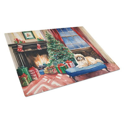 Pekingese Cozy Christmas Glass Cutting Board Large