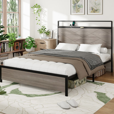 Metal Full Size Bed Frame With Storage, Led Lighting, Type - C Charging, Artistic Retro Design, And Quiet Build Lit Headboard, Under 2 Ports, Stable Quiet, No Spring Needed