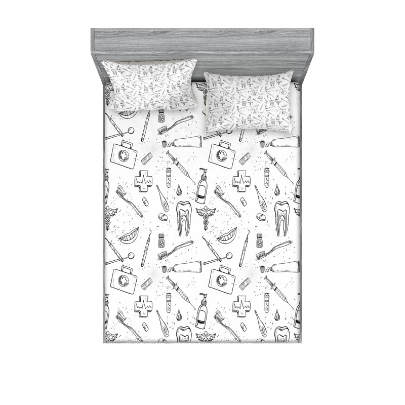 Ambesonne Hipster Fitted Sheet & Pillow Sham  Set,  Black and White, California King Sheet Set with 4 Pillowcases