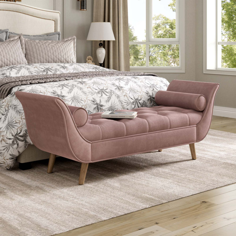 Banc rembourré en velours, Rose, Chêne