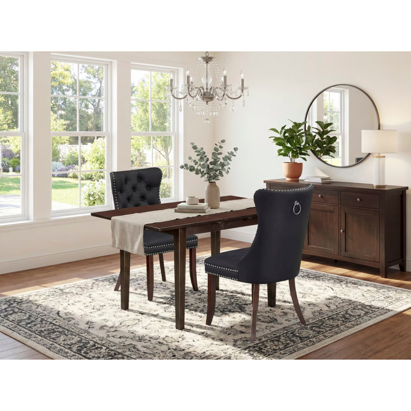 Ensemble de table de salle à manger 3 pièces comprenant une table de cuisine rectangulaire avec rallonge papillon et 2 chaises Parson en tissu de polyester, 32 x 54 pouces, acajou