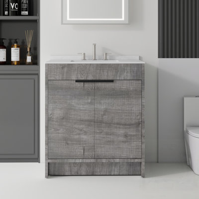 Meuble-lavabo autoportant avec lavabo, porte à fermeture douce, comptoir et dosseret en marbre de culture blanc de Carrare, contreplaqué