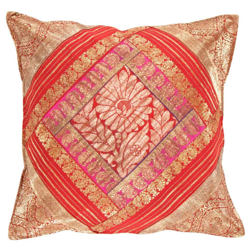 Oriental Square Pillow Cover, Gold/Red