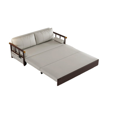 74.8"Beige Nano Tech Fabric New Chinese Style Solid Wood Frame Convertible Sofa Bed