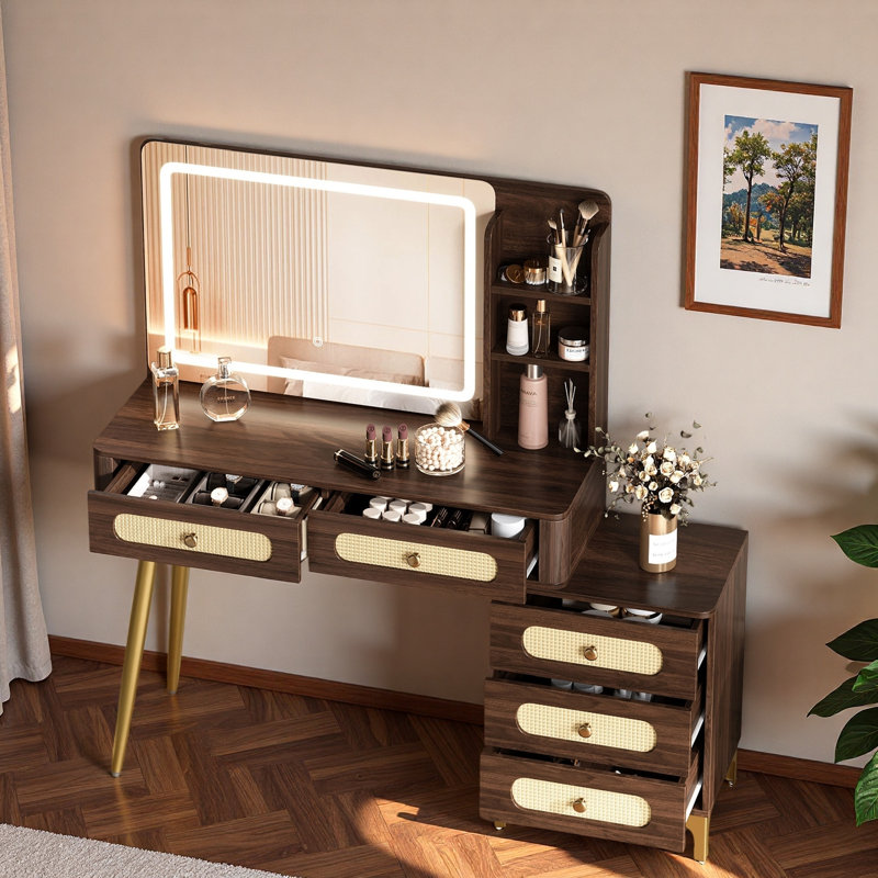 Coiffeuse de maquillage rétro avec miroir et lumières, 5 tiroirs, tablettes de rangement ouvertes, conception en rotin et poignées en métal