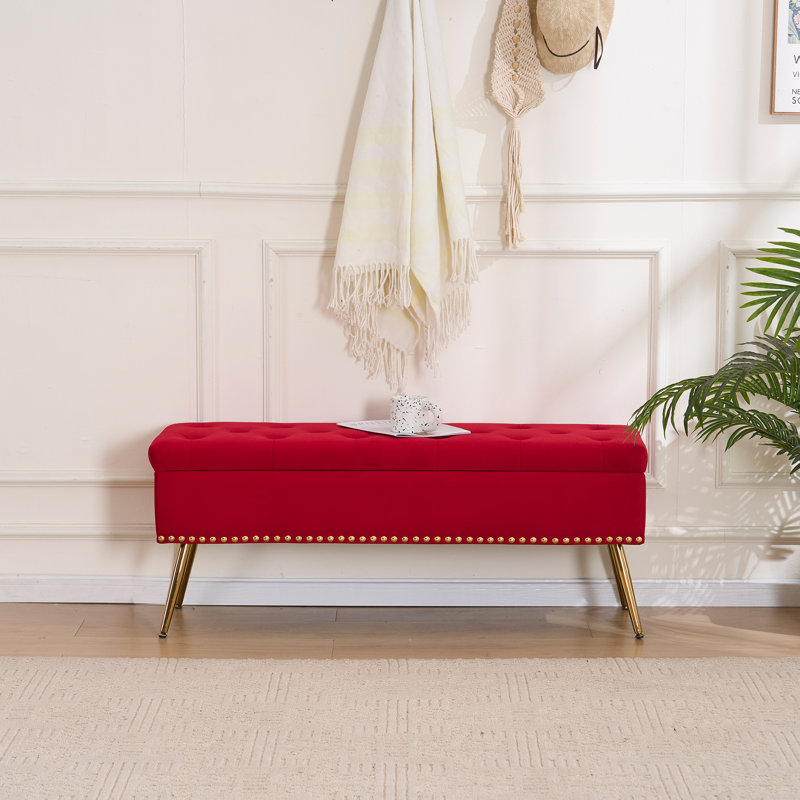 Banc repose-pieds en velours avec rangement, Rouge, H 18 po x l 46 po x P 15,5 po