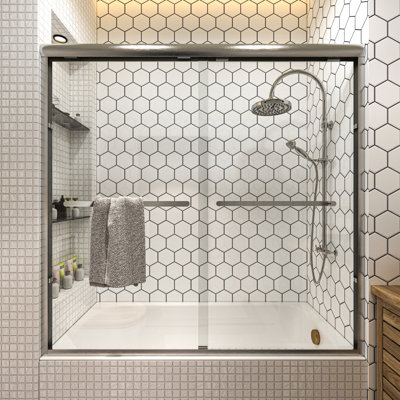 Porte de douche coulissante double encadrée de 56 à 60 po L x 58 po H, en nickel brossé avec verre trempé transparent et double poignée.
