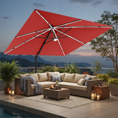 Solar Led Light Cantilever Patio Umbrella With Easy-move Base | One-person Mobility
