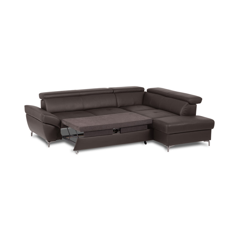 CAPRI Genuine Leather Corner Sofa with Pull-Out Bed and Storage and Adjustable Headrests, Right Hand Facing, Brown