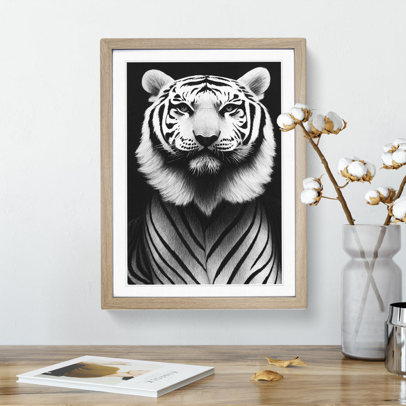 Monochrome Tiger No.2 - Framed Print, 64cm H x 46cm W x 2cm D, Oak