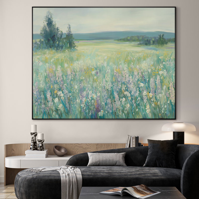 Extra Large Wall Art Fabric Print - Wildflower Meadow Soft Pastel Floral Landscape Artwork Decor for Living Room or Bedroom - "Frame Assembly Required (Unfinished Frame)"