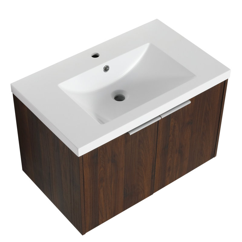 Meuble-lavabo simple 29,59 po avec plateau en résine et portes à fermeture en douceur avec lavabo, Noyer