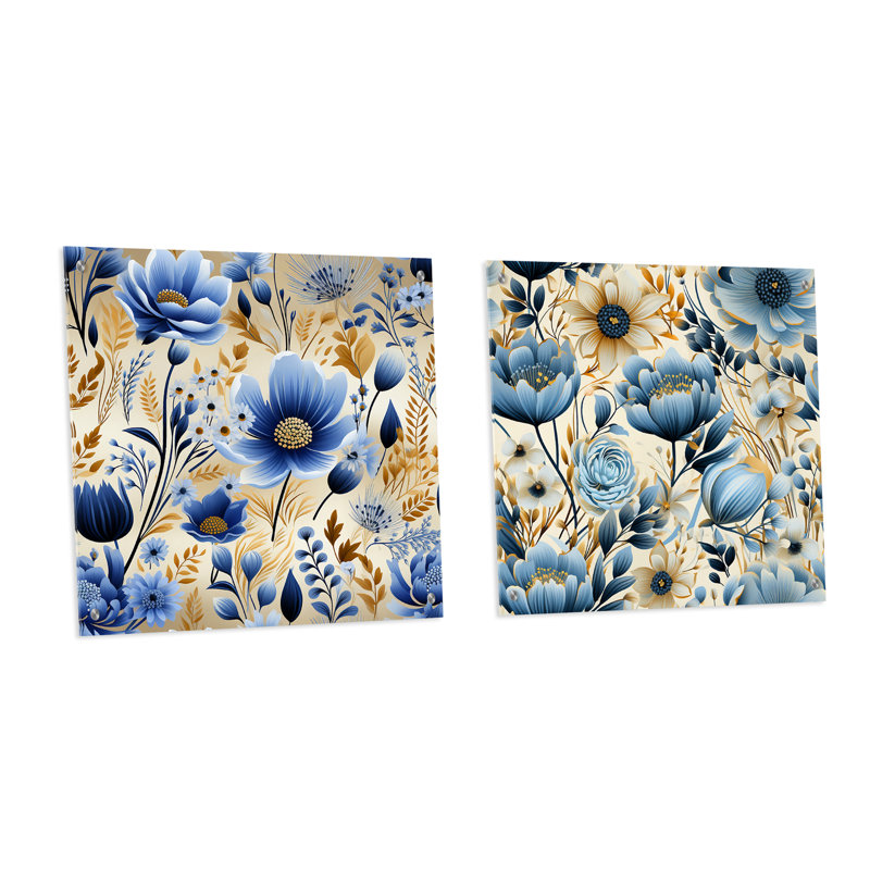 Motif de fleurs bleues bleues - ensemble d'art mural en acrylique sur verre floral, H 30 po x l 61 po