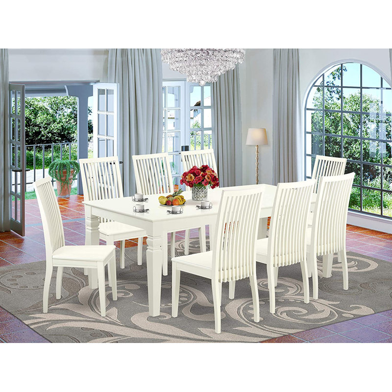 9 Piece Dining Table Set Includes a Rectangle Dining Room Table with Butterfly Leaf and 8 Wooden Seat Chairs, 42x84 Inch, Linen White