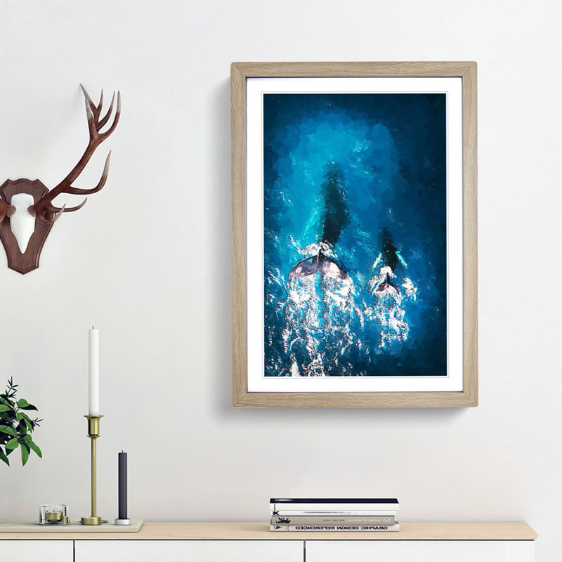 Mother and Calf Humpback Whale in Abstract - Picture Frame Graphic Art Print on MDF, 36cm H x 27cm W x 2cm D, Oak Framed