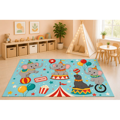 "Ultra Lightweight" 5'x7' Circus Animals Area Rug for Kids Playroom Nursery Bedroom, Elephant Seal Carnival Show Cartoon Decorative Carpet, Non-Slip Silicone Backing Low Pile