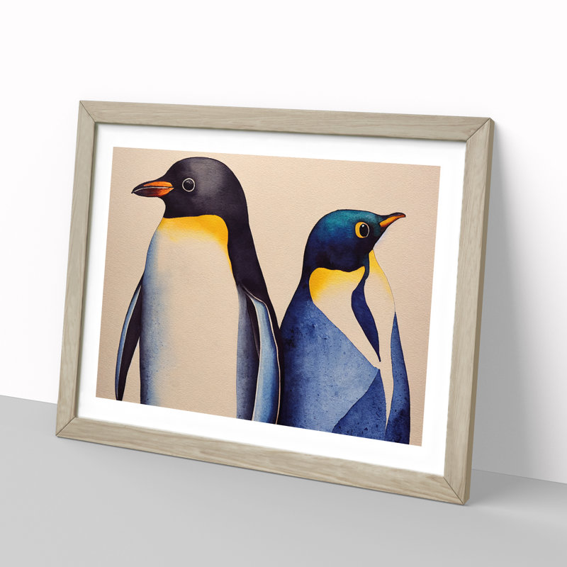 Watercolour Penguins - Single Picture Frame Print, 25cm H x 34cm W x 2cm D, Oak Framed