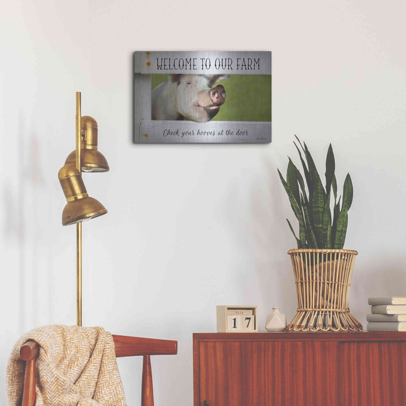 "Welcome Pig" par Lori Deiter sur métal, H 16 po x l 24 po