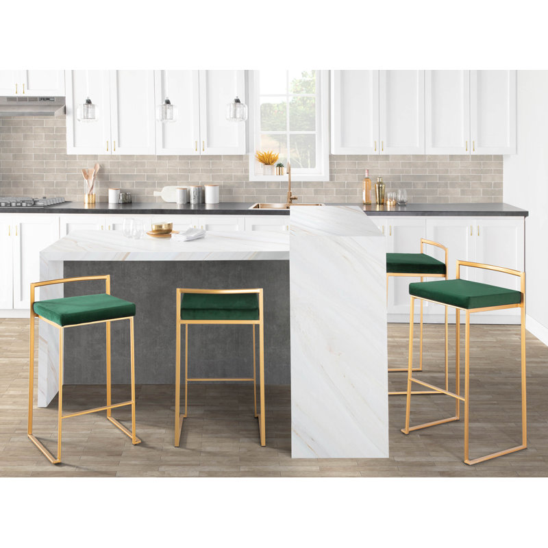 Derik Stackable Counter & Bar Stool with Velvet Cushion, Green/Gold, Counter Stool (26" Seat Height)