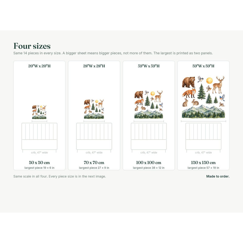 Woodland Animal Mountain Wall Decals, Set of 14 Peel and Stick Nursery Wall Stickers, Satin Finish Removable Kids Room Wall Art, 20"W x 20"H (50 x 50 cm)