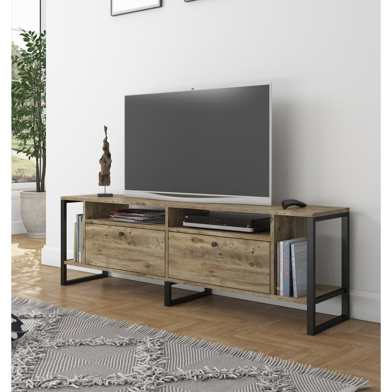 Meuble télé Lotus pour téléviseur de 65 po ou moins, console média rustique avec rangement et pieds en métal, finition bois de chêne brun clair
