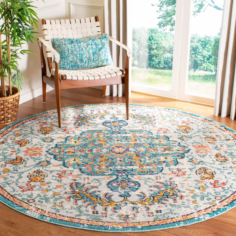 Felty Oriental Area Rug, Round 9', Gray/Light Blue/Orange
