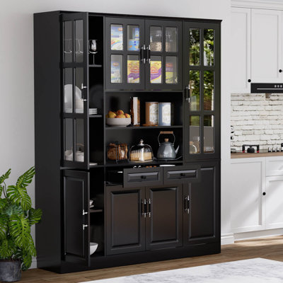 Armoire de cuisine garde-manger, grande armoire de 78,7 po avec portes et tiroirs en verre, garde-manger autoportant utilitaire, garde-manger, blanc (l 63 po x P 15,7 po)